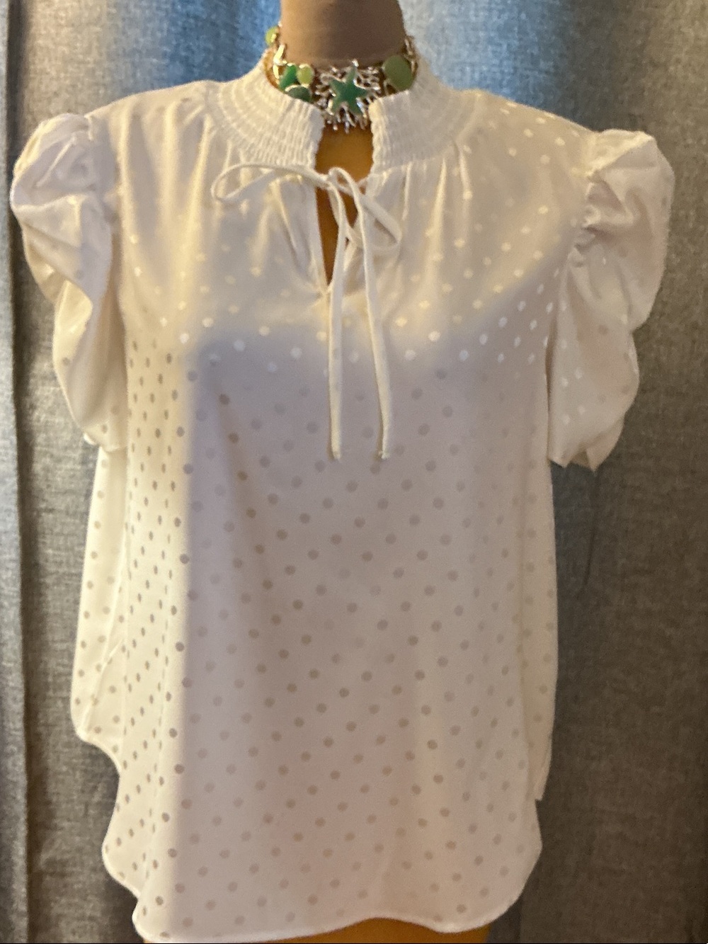 Chenault White Polka Dot Tie-Neck Puff Sleeve Blouse